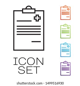 Black line Medical clipboard with clinical record icon isolated on white background. Health insurance form. Prescription, medical check marks report. Set icons colorful. Vector Illustration