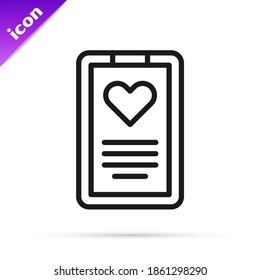 Black line Medical clipboard with clinical record icon isolated on white background. Prescription, medical check marks report.  Vector