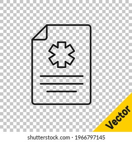 Black line Medical clipboard with clinical record icon isolated on transparent background. Health insurance form. Prescription, medical check marks report.  Vector