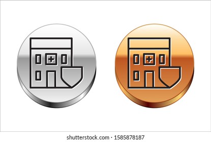 Black line Medical hospital building with shield icon isolated on white background. Medical insurance. Security, safety, protection concept. Silver-gold circle button. Vector Illustration