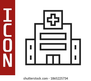 Black line Medical hospital building with cross icon isolated on white background. Medical center. Health care.  Vector