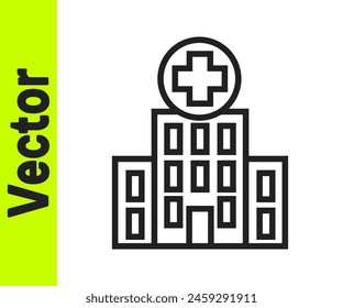 Black line Medical hospital building with cross icon isolated on white background. Medical center. Health care.  Vector