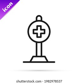 Black line Medical map pointer with cross hospital icon isolated on white background.  Vector