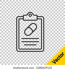 Black line Medical prescription icon isolated on transparent background. Rx form. Recipe medical. Pharmacy or medicine symbol.  Vector