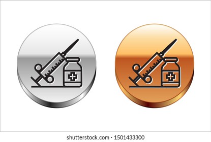 Black line Medical syringe with needle and vial or ampoule icon isolated on white background. Vaccination, injection, vaccine, insulin concept. Silver-gold circle button. Vector Illustration