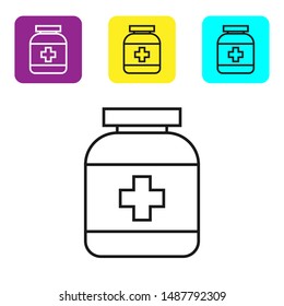 Black line Medicine bottle icon isolated on white background. Bottle pill sign. Pharmacy design. Set icons colorful square buttons. Vector Illustration