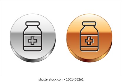 Black line Medicine bottle icon isolated on white background. Bottle pill sign. Pharmacy design. Silver-gold circle button. Vector Illustration