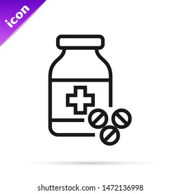 Black line Medicine bottle and pills icon isolated on white background. Bottle pill sign. Pharmacy design.  Vector Illustration