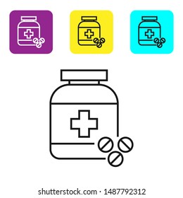 Black line Medicine bottle and pills icon isolated on white background. Bottle pill sign. Pharmacy design. Set icons colorful square buttons. Vector Illustration