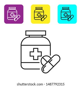 Black line Medicine bottle and pills icon isolated on white background. Bottle pill sign. Pharmacy design. Set icons colorful square buttons. Vector Illustration