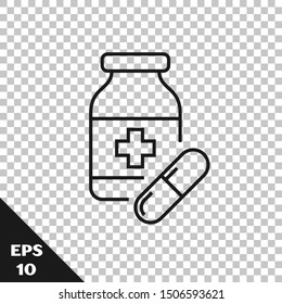 Black line Medicine bottle and pills icon isolated on transparent background. Bottle pill sign. Pharmacy design.  Vector Illustration