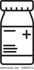 Black line Medicine bottle and pills icon isolated on white background. Bottle pill sign. Pharmacy design.  Vector Illustration