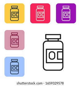 Black Line Medicine Bottle And Pills Icon Isolated On White Background. Bottle Pill Sign. Pharmacy Design. Set Icons In Color Square Buttons. Vector Illustration