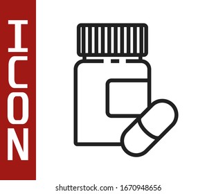 Black line Medicine bottle and pills icon isolated on white background. Bottle pill sign. Pharmacy design.  Vector Illustration