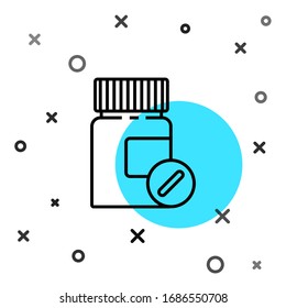 Black line Medicine bottle and pills icon isolated on white background. Bottle pill sign. Pharmacy design. Random dynamic shapes. Vector Illustration