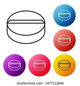 Black line Medicine pill or tablet icon isolated on white background. Capsule pill and drug sign. Pharmacy design. Set icons colorful circle buttons. Vector Illustration