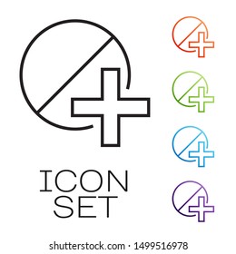 Black line Medicine pill or tablet icon isolated on white background. Capsule pill and drug sign. Pharmacy design. Set icons colorful. Vector Illustration