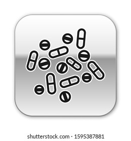 Black line Medicine pill or tablet icon isolated on white background. Capsule pill and drug sign. Pharmacy design. Silver square button. Vector Illustration