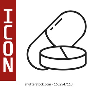 Black line Medicine pill or tablet icon isolated on white background. Capsule pill and drug sign. Pharmacy design.  Vector Illustration