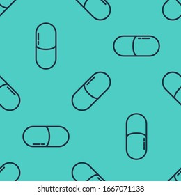 Black line Medicine pill or tablet icon isolated seamless pattern on green background. Capsule pill and drug sign. Pharmacy design.  Vector Illustration