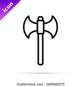 Black line Medieval axe icon isolated on white background. Battle axe, executioner axe.  Vector Illustration