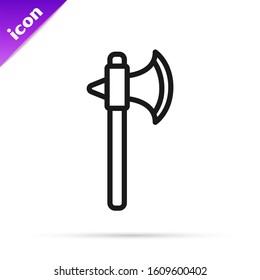 Black line Medieval axe icon isolated on white background. Battle axe, executioner axe.  Vector Illustration