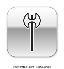 Black line Medieval axe icon isolated on white background. Battle axe, executioner axe. Medieval weapon. Silver square button. Vector Illustration
