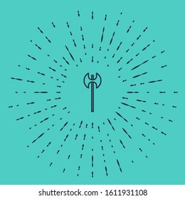 Black line Medieval axe icon isolated on green background. Battle axe, executioner axe. Medieval weapon. Abstract circle random dots. Vector Illustration