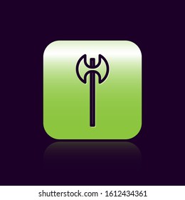 Black line Medieval axe icon isolated on black background. Battle axe, executioner axe. Medieval weapon. Green square button. Vector Illustration