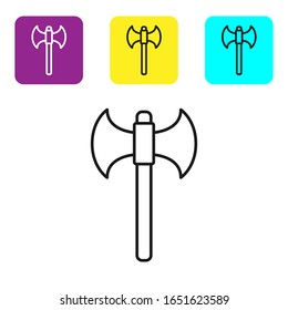 Schwarze Linie Mittelalterliche Axt Symbol einzeln auf weißem Hintergrund. Schlacht Axt, Scharfrichter Axt. Stellen Sie Symbole mit bunten Quadrat-Schaltflächen ein. Vektorillustration-Illustration
