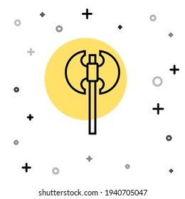 Icono de hacha medieval de línea negra aislado en fondo blanco. Battle ax, verdugo hacha. arma medieval. Formas dinámicas aleatorias. Vector