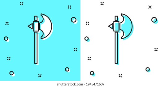 Icono de hacha medieval de línea negra aislado en fondo verde y blanco. Battle ax, verdugo hacha. arma medieval. Formas dinámicas aleatorias. Vector