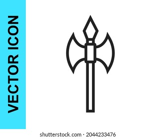 Icono de hacha medieval de línea negra aislado en fondo blanco. Battle ax, verdugo hacha. arma medieval.  Vector