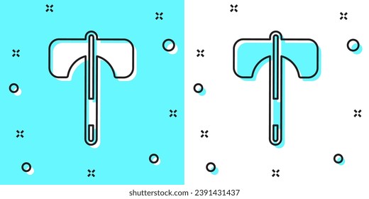 Black line Medieval axe icon isolated on green and white background. Battle axe, executioner axe. Medieval weapon. Random dynamic shapes. Vector