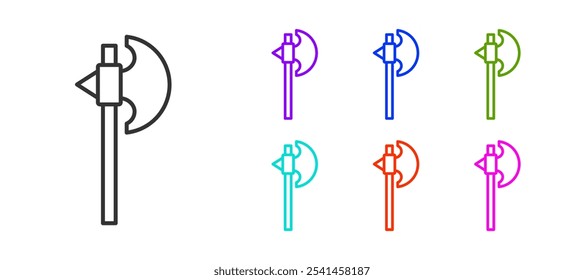 Línea negra icono de hacha medieval aislado sobre fondo blanco. Hacha de batalla, hacha de verdugo. Arma medieval. Establecer iconos coloridos. Vector