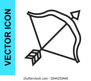Línea negra Icono de arco medieval e icono de flecha aislados en fondo blanco. arma medieval.  Vector
