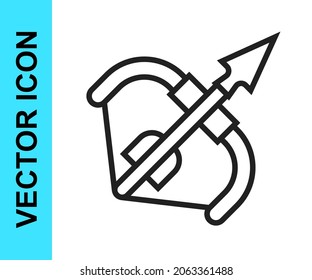 Línea negra Icono de arco medieval e icono de flecha aislados en fondo blanco. arma medieval.  Vector