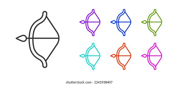 Black line Medieval bow and arrow icon isolated on white background. Medieval weapon. Set icons colorful. Vector