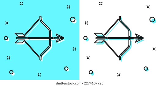 Black line Medieval bow and arrow icon isolated on green and white background. Medieval weapon. Random dynamic shapes. Vector