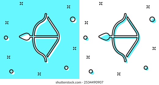 Black line Medieval bow and arrow icon isolated on green and white background. Medieval weapon. Random dynamic shapes. Vector