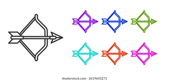 Black line Medieval bow and arrow icon isolated on white background. Medieval weapon. Set icons colorful. Vector
