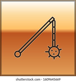 Black line Medieval chained mace ball icon isolated on gold background. Medieval weapon.  Vector Illustration