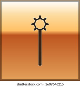 Black line Medieval chained mace ball icon isolated on gold background. Medieval weapon.  Vector Illustration