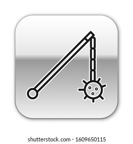 Black line Medieval chained mace ball icon isolated on white background. Medieval weapon. Silver square button. Vector Illustration