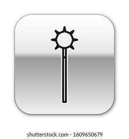 Black line Medieval chained mace ball icon isolated on white background. Medieval weapon. Silver square button. Vector Illustration