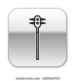 Black line Medieval chained mace ball icon isolated on white background. Medieval weapon. Silver square button. Vector Illustration