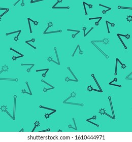 Black line Medieval chained mace ball icon isolated seamless pattern on green background. Medieval weapon.  Vector Illustration