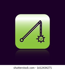 Black line Medieval chained mace ball icon isolated on black background. Medieval weapon. Green square button. Vector Illustration