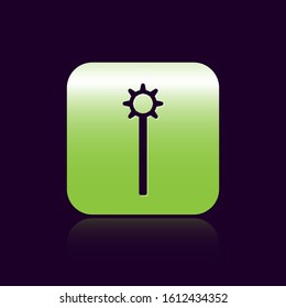 Black line Medieval chained mace ball icon isolated on black background. Medieval weapon. Green square button. Vector Illustration