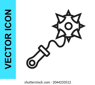 Línea negra Icono de bola de mace encadenada medieval aislado sobre fondo blanco. Un arma medieval más moderna o un macizo con picos.  Vector